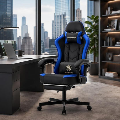 Office Desk Computer Gaming Chair for Adults, Ergonomic High Back Gamer Chair with Massage and Pocket Spring Cushion, Swivel Comfy Video Game Chairs with Footrest and Lumbar Support (Black Blue)