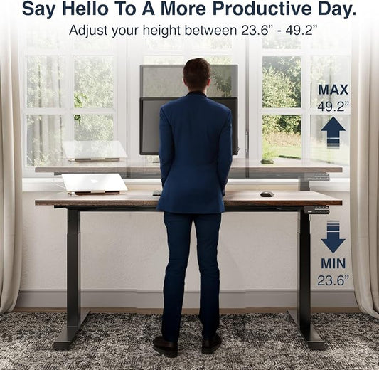 Desky Dual Hardwood Sit Stand Desk - 60x30 Electric Standing Desk - Dual Motor, 3 Stage Adjustable Height Desk - Solid Wood Standing Desk - Whole-Piece Top in Real Teak Wood