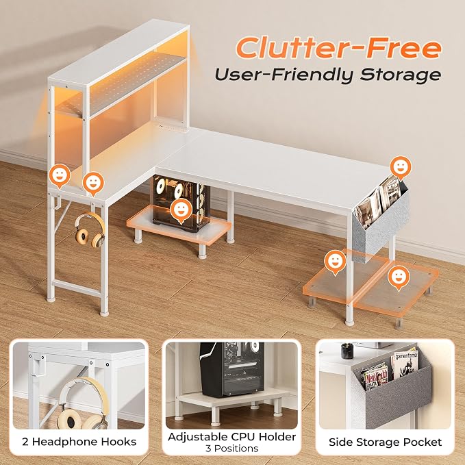 PRAISUN L Shaped Gaming Desk with LED Lights & Power Outlets, Reversible Computer Desk with Storage Shelves & Bag, Large Corner Home Office Desk with Pegboard for Work from Home, White