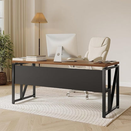 LITTLE TREE 55-Inch Executive Office Desk, Large Computer Desk with Storage Shelf, Executive Desk with Metal Frame, Thickened Desktop, Study Writing Desk Work Station for Home Office, Walnut Black