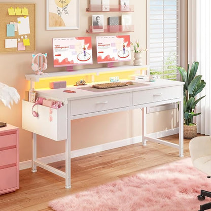 DurayLoly 47.3 Inch Computer Desk with 2 Drawers & LED Lights, Home Office Desk with Side Pocket, Gaming Desk with Monitor Stand, Study Writing Table for Small Spaces, White