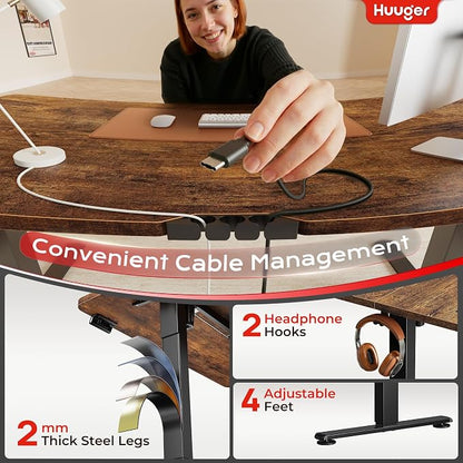 Huuger Electric Standing Desk with Power Outlets and USB-C Port, 47 X 24 Inch Height Adjustable Desk, Sit Stand Desk for Home Office, Computer & Gaming Desk with 4 Presets, Rustic Brown
