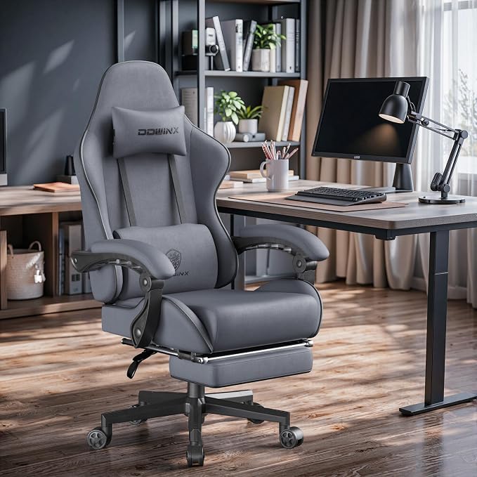 Dowinx Gaming Chair Fabric Big and Tall with Pocket Spring Cushion, Massage Game Chair Cloth with Headrest, Ergonomic Computer Chair with Footrest 350LBS, Grey