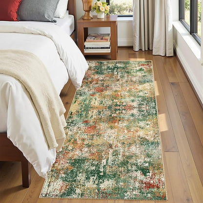 RELEANY Washable Area Rugs 2'x6' Non-Slip Modern Abstract Soft for Living Room Entryway Bedroom Kitchen, Print Pattern, Green Orange Rust Red Cream Colorful