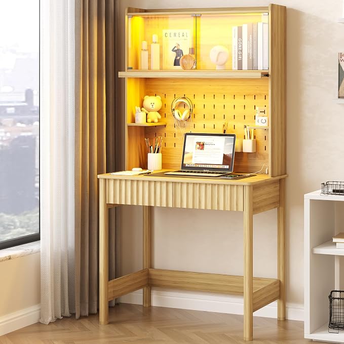 Lvifur 31.5" Small Study Desk with - Drawer & Hutch,Computer Desk with Charging Station,Compact Writing Desks with LED Reading Lights,Home Office Desks for Small Spaces,Bedroom Study Room,Natural