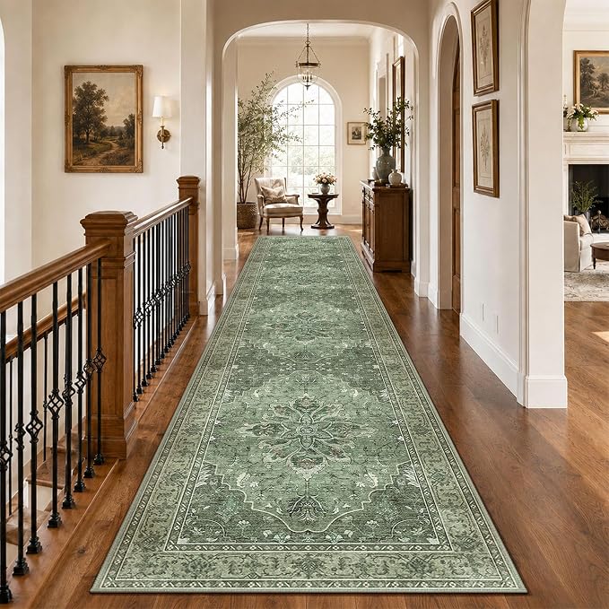 RELEANY Area Rugs Runner 3'x12' Washable Non-Slip, Floral Vintage Distress Medallion Carpet for Kitchen Hallway Bedroom Beside Laundry Room Bathroom, Dark Green Gray