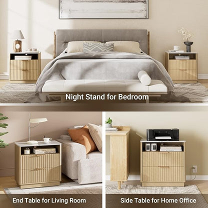 Fluted Nightstand, Night Stand Set 2, 23" Wide Nightstands Set of 2 with Charging Station & Faux Marble Top, 2 Drawer Large End Table w/Storage, Modern Bedside Table for Bedroom,Natural Oak