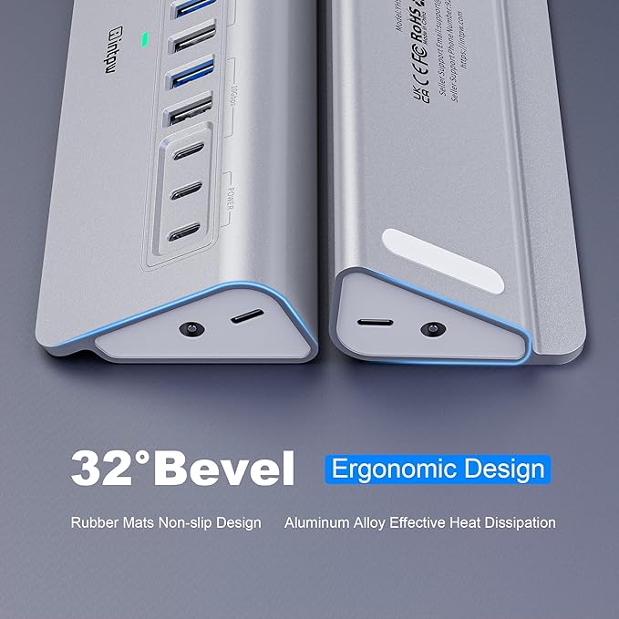 Powered USB Hub 10Gbps, intpw 12 Port USB C Hub with USB C 3.2+2 USB A 3.2, 7 USB 3.0, 2 PD 45W Charging Port, 65W Power Adapter + 3.3FT Cable, Aluminum USB Hub for PC/Laptop/iPhone 17/16/PC