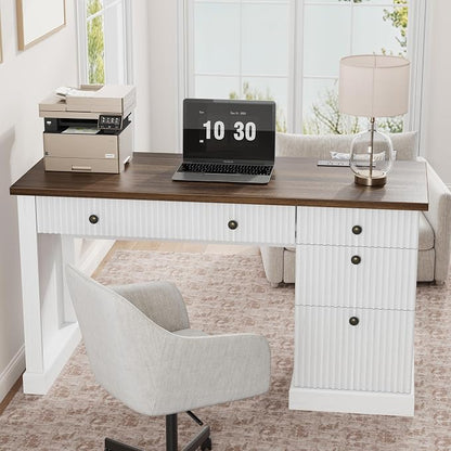 Garvee Fluted Home Office Desk with File Drawer, 54" Modern Executive Desk with Charging Station, Wooden Computer Writing Desk for Home Office, Study Room, White