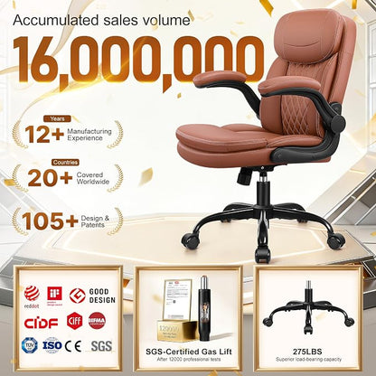 HeroSet Leather Office Chair with Upgraded Double-Layer Seat Cushion and Neckrest for Short People, Brown