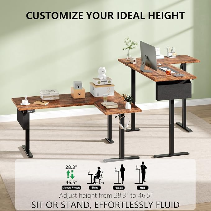 Korfile 63” L Shaped Electric Standing Desk, Height Adjustable Computer Desk with LED Screen & Memory Presets, Ergonomic Sit to Stand Desk with Headphone Hook for Home, Office and Workstation, Brown