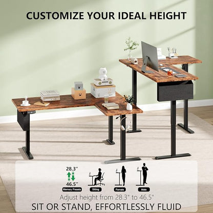 Korfile 63” L Shaped Electric Standing Desk, Height Adjustable Computer Desk with LED Screen & Memory Presets, Ergonomic Sit to Stand Desk with Headphone Hook for Home, Office and Workstation, Brown