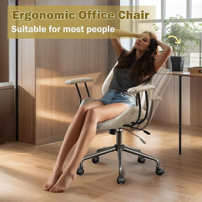 Home Office Chair,Ergonomic Computer Chair with Lumbar Support Adjustable Height,Mid-Century Modern Office Chair with Rolling Swivel Chair for Home Office Game Study(PU Leather Mid Back Chair,Beige)