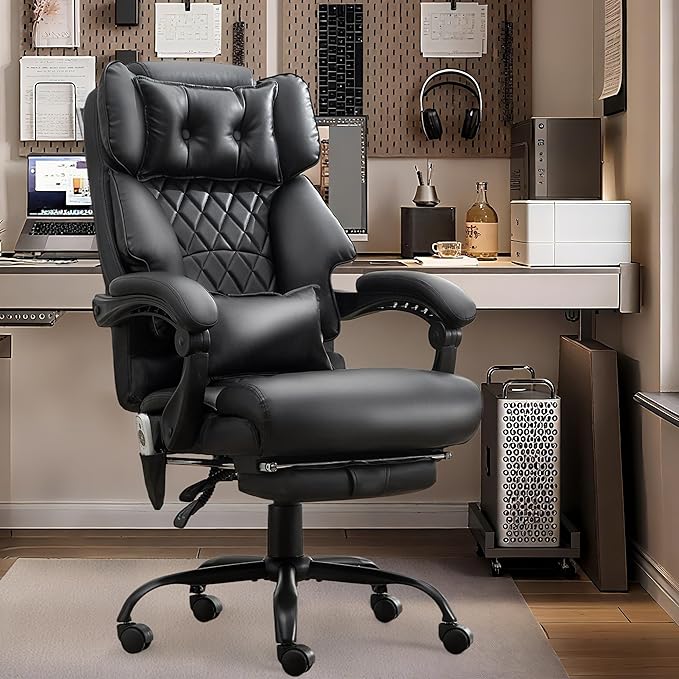 3D Kneading Massage Office Chair with Foot Rest,Executive Office Chairs,Ergonomic Desk Chair for Heavy People,Big and Tall Office Chair 500LBS,Recliner with Dual-Use Pillow,Blackpu