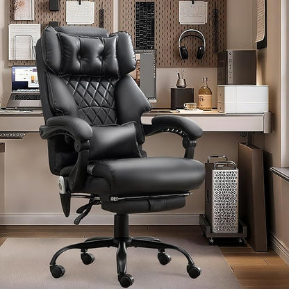 Office Chair with Foot Rest,3D Kneading Massage & Heat Executive Office Chairs for Heavy People,500LBS Big and Tall Office Chair,Ergonomic Reclining Desk Chair,Dual-Use Pillow,Home Office,Black