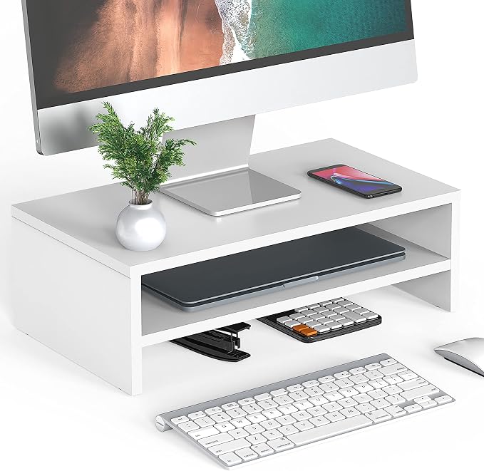 FITUEYES Monitor Stand - 2 Tier Computer Monitor Riser Shelf, Wood Desktop Stand for Laptop Computer Screen, Desk Organization, Office Supplies