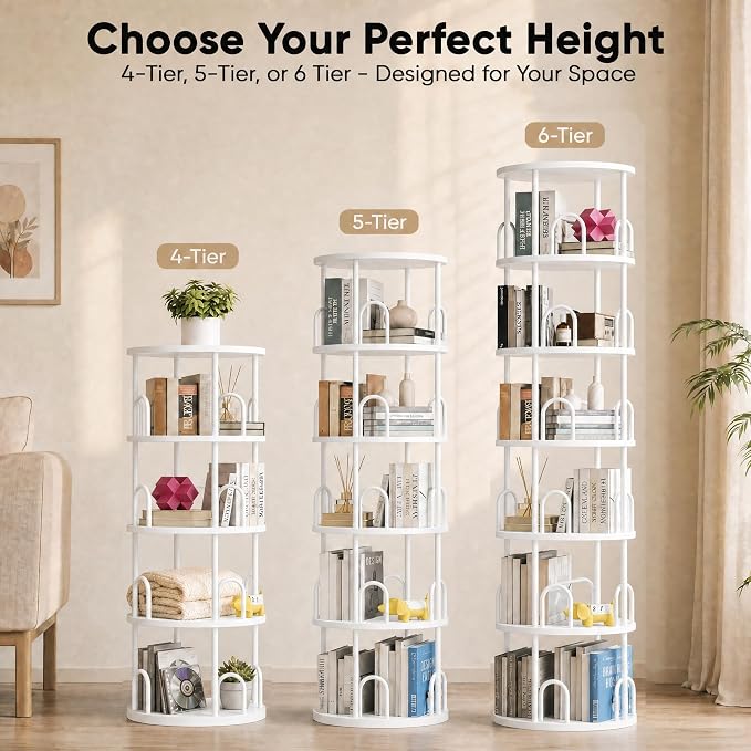 6 Tier Rotating Bookshelf Tower, Standing Tall Corner Wood, White Metal Modern Book Shelf Organizer Retro Vintage Rustic Modern Large Bookshelf Book Display Furniture for Your Home, Office, Kids