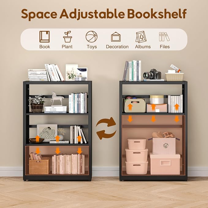 UNICOLY Bookshelves and Bookcases, 3 Tier Metal Bookshelf with Adjustable Shelves and Bookends, Open Shelf Bookcase, Display Shelves for Home Decor Bedroom, Living Room, Home Office, Black