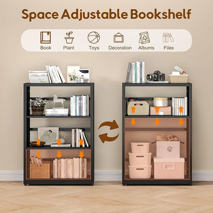 UNICOLY Bookshelves and Bookcases, 3 Tier Metal Bookshelf with Adjustable Shelves and Bookends, Open Shelf Bookcase, Display Shelves for Home Decor Bedroom, Living Room, Home Office, Black