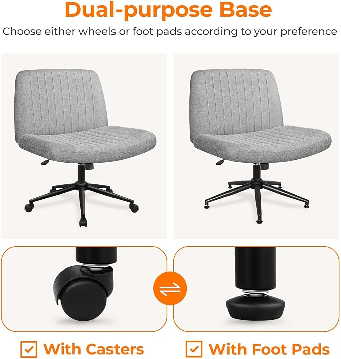 NEO CHAIR Criss Cross Chair with Wheels Armless Cross Legged Office Desk Wide Comfy Vanity Makeup Chair Adjustable Swivel Rolling Computer for Home Office Fabric (Grey)