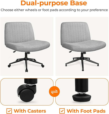NEO CHAIR Criss Cross Chair with Wheels Armless Cross Legged Office Desk Wide Comfy Vanity Makeup Chair Adjustable Swivel Rolling Computer for Home Office Fabric (Grey)