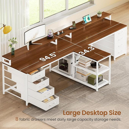 SEDETA 94.5" 2 Person Gaming Desk, Long Office Computer Desk with 8 Drawers & LED Light, Two Person Desk with Storage, Power Strip & Monitor Shelf for Home Office, Brown+White