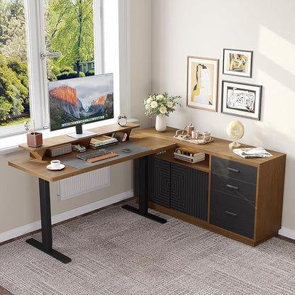 ONBRILL 55" Electric Standing Desk with 55" File Cabinet, Adjustable Height Home Office Furniture Set with Monitor Stand and 3 Drawers, Executive Workstationfor Home Office, Oak Brown