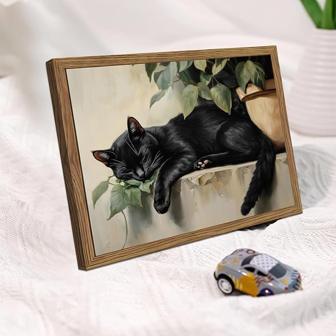 Framed Black Cat Wall Art, Vintage Sleeping Cat Picture Wall Decor, Cute Animal Poster Canvas Prints, Rustic Plant Paintings Artwork for Living room Bedroom Bathroom Decor – 8x10 inch