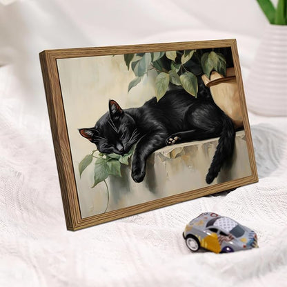 Framed Black Cat Wall Art, Vintage Sleeping Cat Picture Wall Decor, Cute Animal Poster Canvas Prints, Rustic Plant Paintings Artwork for Living room Bedroom Bathroom Decor – 8x10 inch