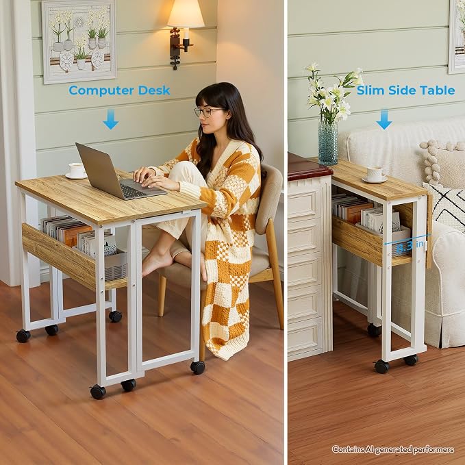 GreenForest Folding Desk with Wheels, 31.5 Inch Compact Rolling Computer Table with Storage Shelf, Portable Mobile Workstation for Small Spaces, Easy Assembly, Oak