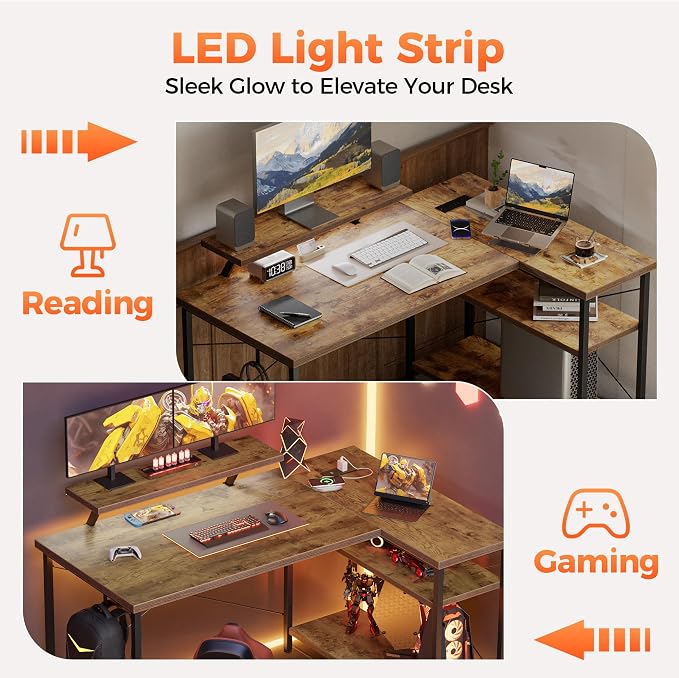Mericonia Small L Shaped Computer Desk with Power Outlets, Reversible Gaming Desk with Storage Shelves & Monitor Stand, Corner Gamer Desk Table, Study Writing Table