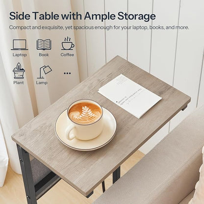 HOOBRO C Shaped End Table with Charging Station, 28" H Couch Side Table Slide Under, Sofa Arm Tray Table with Storage Bag for Living Room, Recliner, Greige BG70USF01
