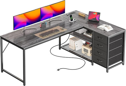 PRAISUN 53" L Shaped Desk with Power Outlets & USB-C Port, Reversible Computer Corner Office Desk with 4 Fabric Drawers and 2 Storage Shelves, Large Desk for Gaming Writing Work Study, Grey