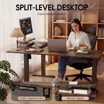 Furmax 63 x 47 Inch L Shaped Standing Desk with 2 Preset Heights, Electric Height Adjustable Computer Desk, Corner Sit Stand Desk for Home Office, 2 Hooks & Feet Balance (Rustic Brown, 63 x 47 Inch)