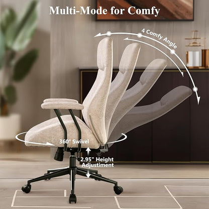 Mid Century Modren Office Chair,Computer Desk Swivel Task Chair with Wheels, High Back Ergonomic Executive Chair with Lumbar Support, Faux Lether Suede Fabric Home Chair (High Back, Beige)