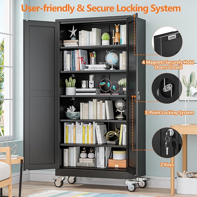 pozdeg 73.6" Metal Garage Storage Cabinets with Wheels, Lockable Rolling File Cabinets with 2 Doors and 5 Adjustable Shelves, Steel Tool Organizer Locker for Office Home Garage Gym School, Black