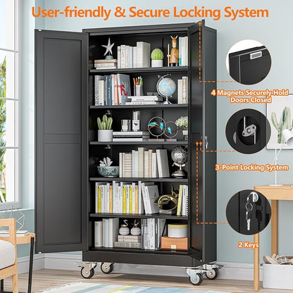 pozdeg 73.6" Metal Garage Storage Cabinets with Wheels, Lockable Rolling File Cabinets with 2 Doors and 5 Adjustable Shelves, Steel Tool Organizer Locker for Office Home Garage Gym School, Black