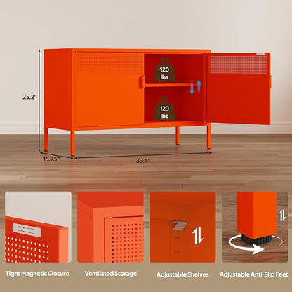 Metal Storage Cabinet with 2 Doors & Adjustable Shelves, 25" H Orange Accent Cabinet, Metal Locker Storage Cabinets, Tv Stand Cabinet for Home, Office, Living Room, Entryway