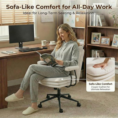 White Leather Office Chair with Triple-Layer Seat, Home Desk Chair | Comfy 7.3-inch Thick Cushion, Mid Back Ergonomic Support for Long Hours, Smooth Silent Wheels, Mid-Century Vintage Style