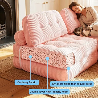 Folding Sofa Bed, Flannel Futon Couch Bed with Pillow and Blanket, Convertible Sleeper Chair for Living Room Bedroom (Two Pink)