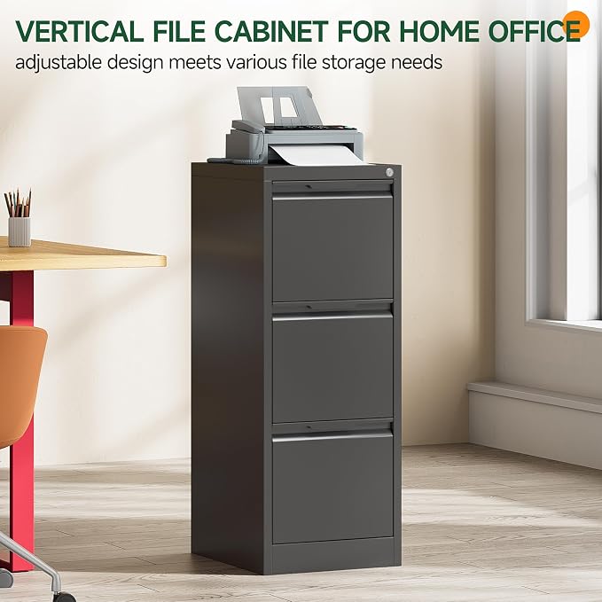 3 Drawer File Cabinet with Lock, Filing Cabinets for Home Office | Lockable File Cabinet, Metal File Cabinet, Heavy Duty File Storage Cabinet for Letter/Legal/A4/F4 Size, Assembly Require