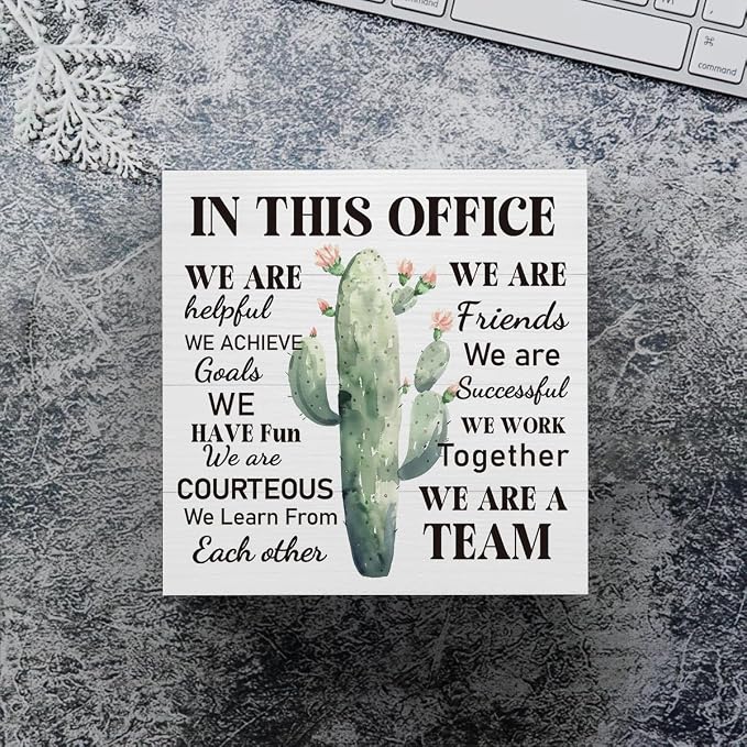 mmiishe Cactus Decor Desktop Decoration Motivational Gifts for Coworkers | Encouragement Gifts for Colleagues Women Men A Team Mental Health Decor for Office Meeting Rooms Wood Box Sign 5 x 5 Inches