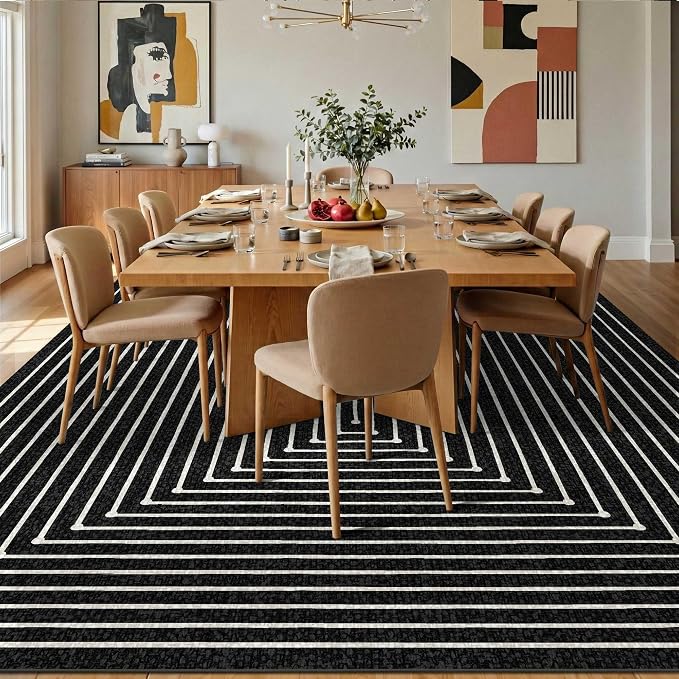 Latte&Fog 10x14 Area Rug for Living Room, Extra Large Black Modern Abstract Washable Rugs, Boho Non Slip Low Pile Carpet for Indoor Bedroom Dining Room, Office, Dorm, Classroom and Farmhouse