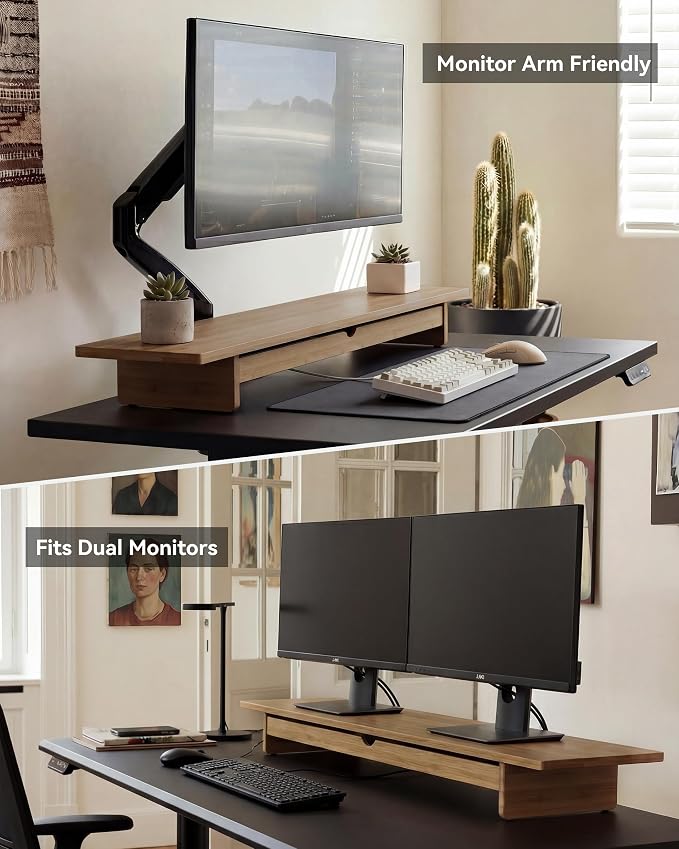 42” Dual Monitor Stand Riser with Large Drawer Keyboard Storage | Double Computer Monitor Riser Shelf for 55-72 Inch Desk Aesthetic Workplace Setup Desktop Organizer Toasted Bamboo