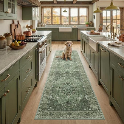 RELEANY Area Rugs Runner 2'x8' Washable Non-Slip, Floral Vintage Distress Medallion Carpet for Kitchen Hallway Bedroom Beside Laundry Room Bathroom, Dark Green Gray