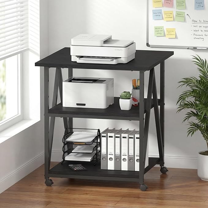 Arbuxzuy 3-Tier Printer Stand, Large Printer Table with Storage, Industrial Printer Storage Cart with Wheels, Rolling Printer Stand for Heat Press Scanner Fax, Black