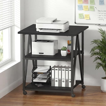Arbuxzuy 3-Tier Printer Stand, Large Printer Table with Storage, Industrial Printer Storage Cart with Wheels, Rolling Printer Stand for Heat Press Scanner Fax, Black