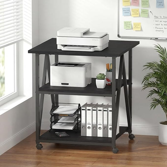 Arbuxzuy 3-Tier Printer Stand, Large Printer Table with Storage, Industrial Printer Storage Cart with Wheels, Rolling Printer Stand for Heat Press Scanner Fax, Black