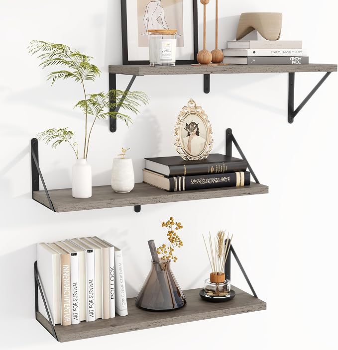 Heimlove Floating Book Shelves for Wall,23.6 Inches Wall Bookshelf Mounted Display&Storage Wood Shelves for Kitchen Bathroom Laundry Living Room,Set of 3,Silver Grey