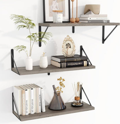 Heimlove Floating Book Shelves for Wall,23.6 Inches Wall Bookshelf Mounted Display&Storage Wood Shelves for Kitchen Bathroom Laundry Living Room,Set of 3,Silver Grey